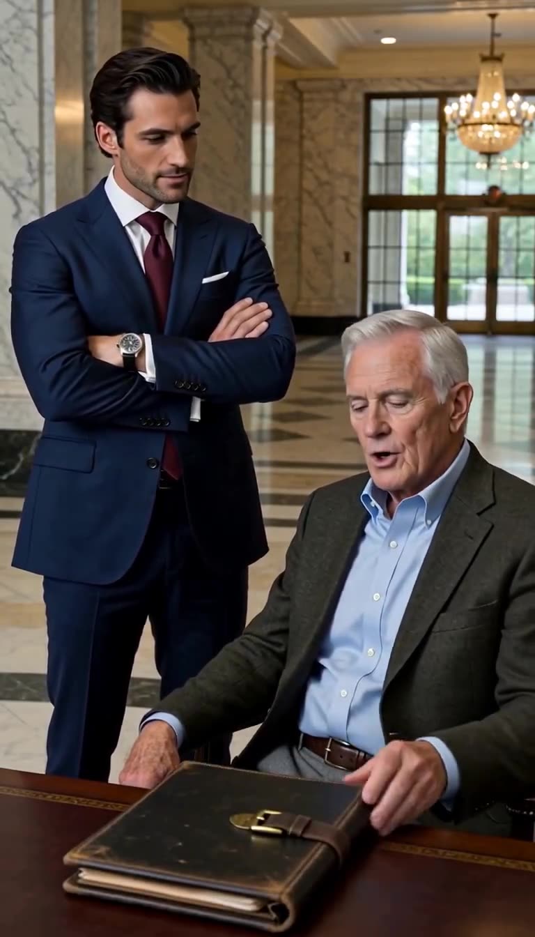 Thomas Sterling calmly rests his hands on a weathered leather document folder while Julian watches