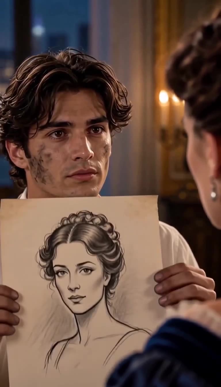 The young artist reveals his precise sketch to the astonished hostess during the banquet