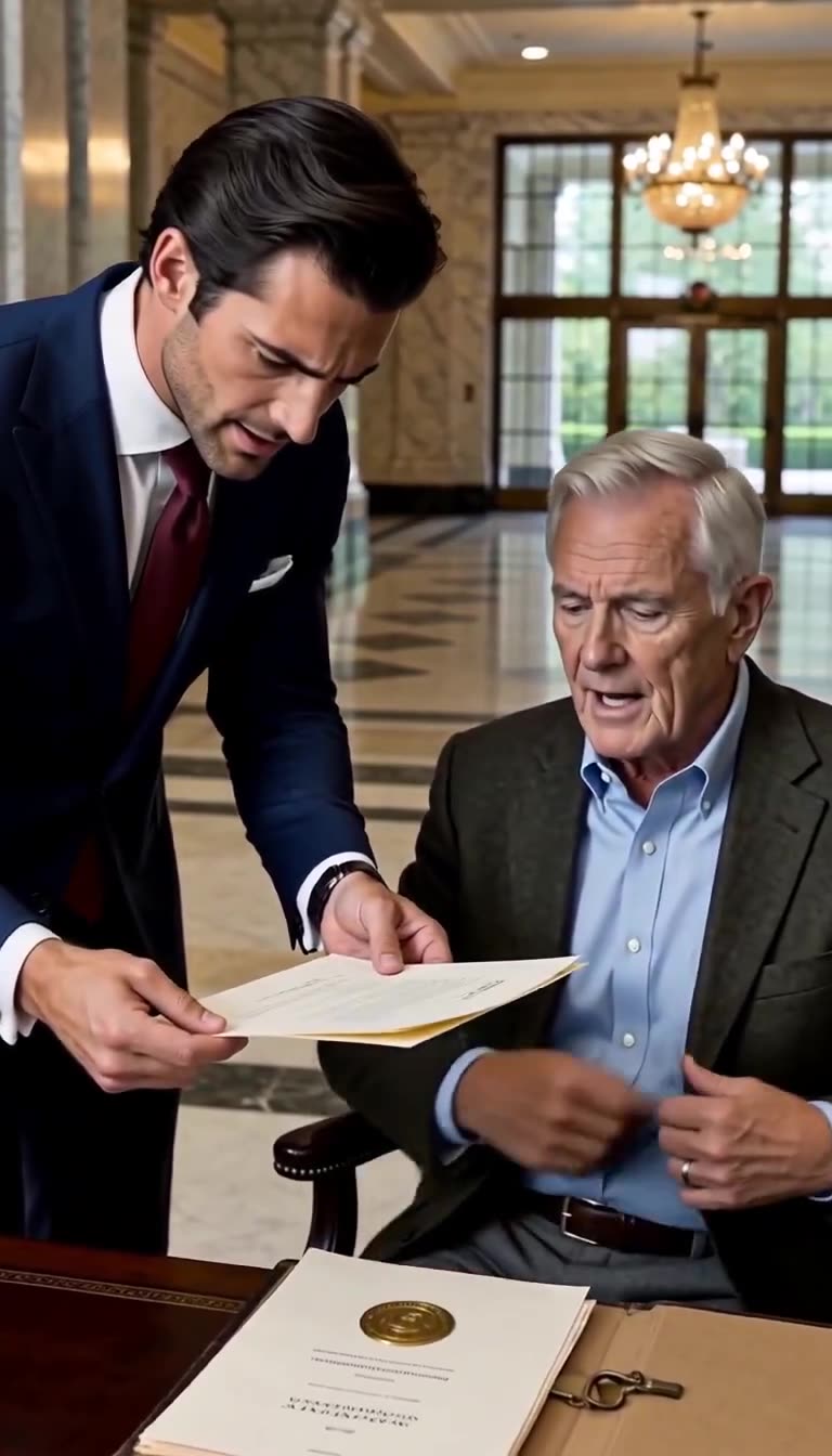 Julian Drake confronting Thomas Sterling in disbelief as the elderly man sits calmly