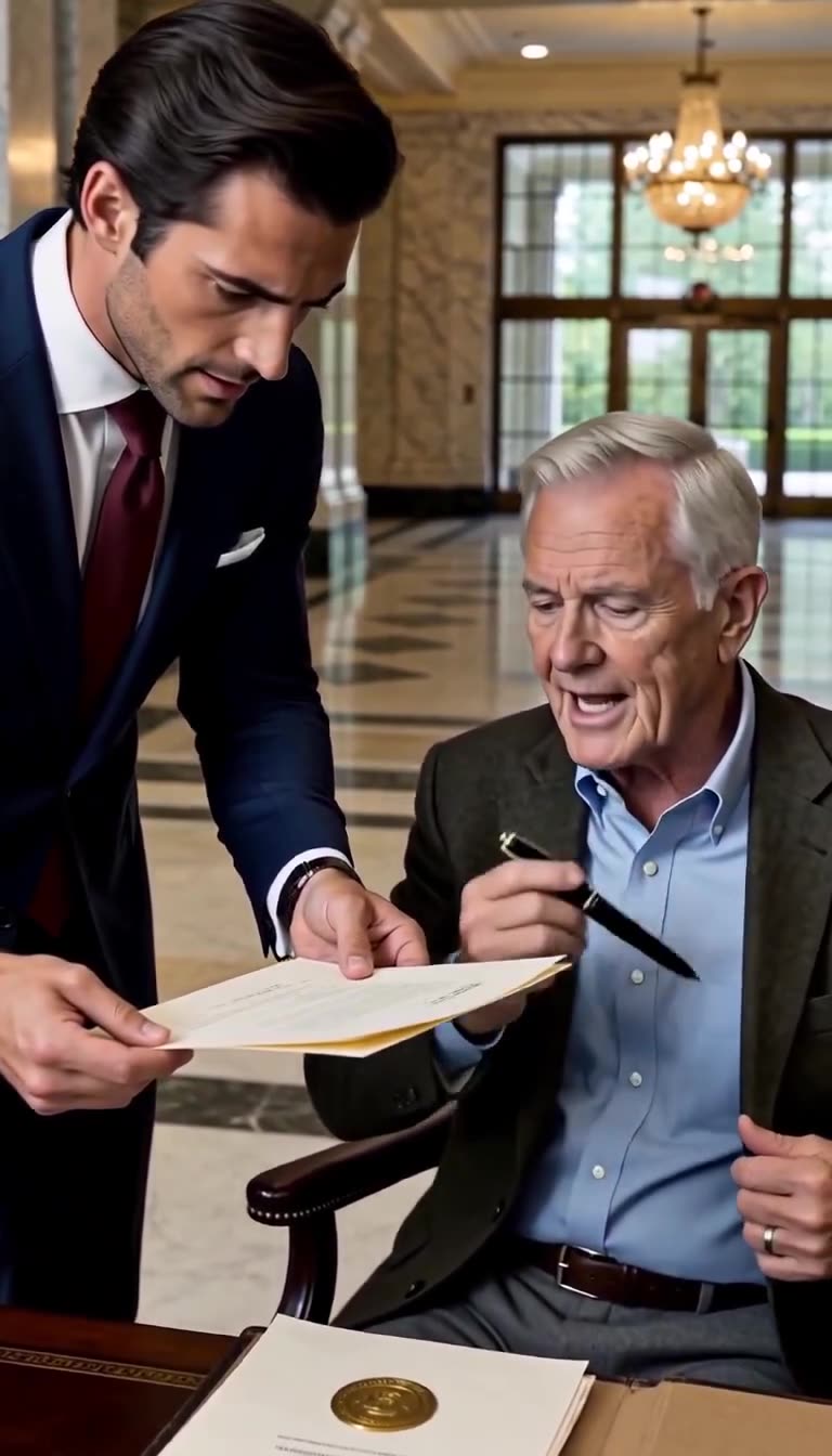 Thomas Sterling drawing a black fountain pen while Julian Drake stares in shock