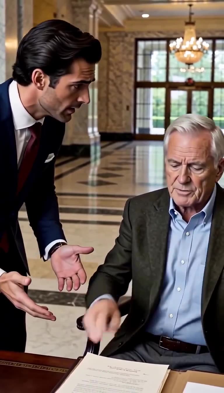 The desperate executive pleads with open hands before the calm, seated founder.