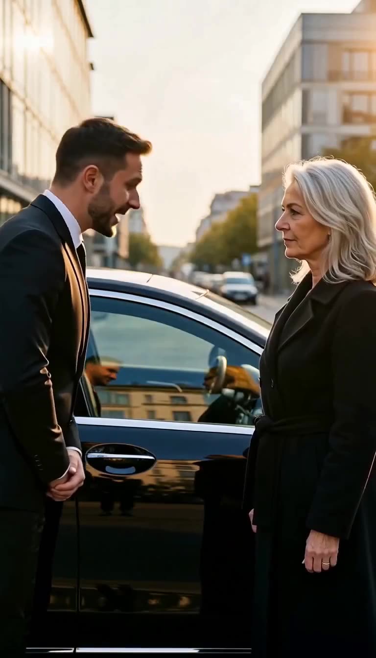 A formal chauffeur bowing respectfully to the older woman next to a luxury car