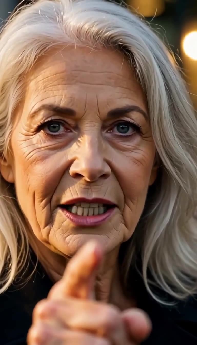 The older woman firmly pointing her finger forward with an authoritative expression