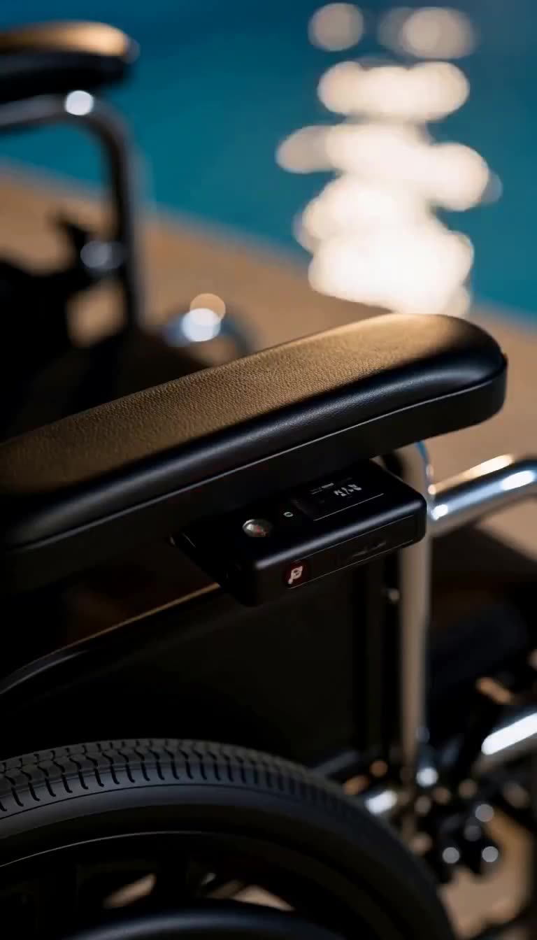 Close-up of a wheelchair armrest fitted with a hidden electronic monitoring device