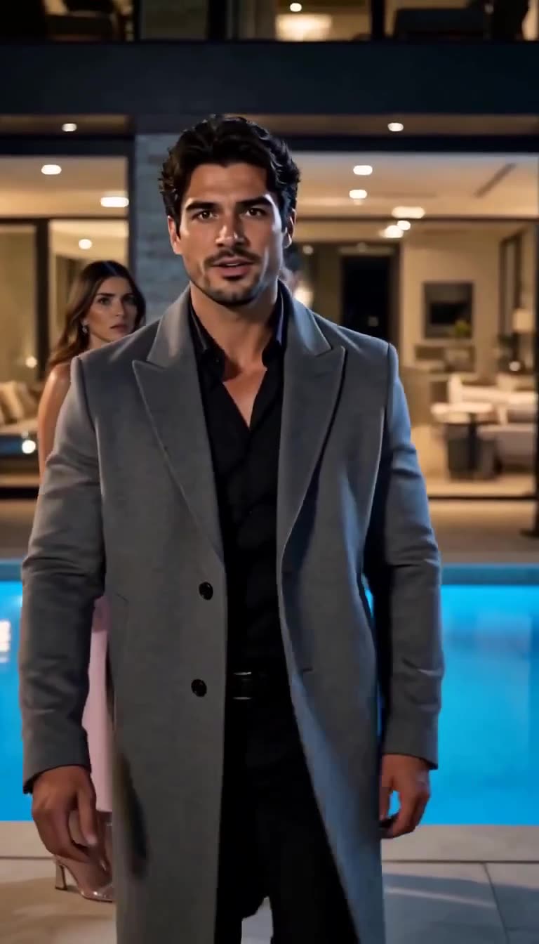 Imposing man in a tailored gray coat walking forward across a mansion terrace