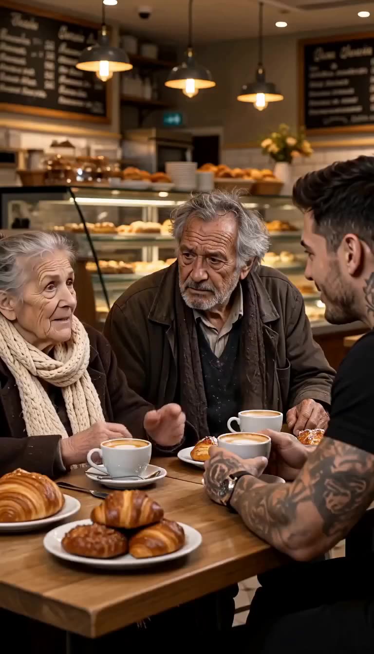 An elderly couple sitting at a bakery table eating pastries with a young man