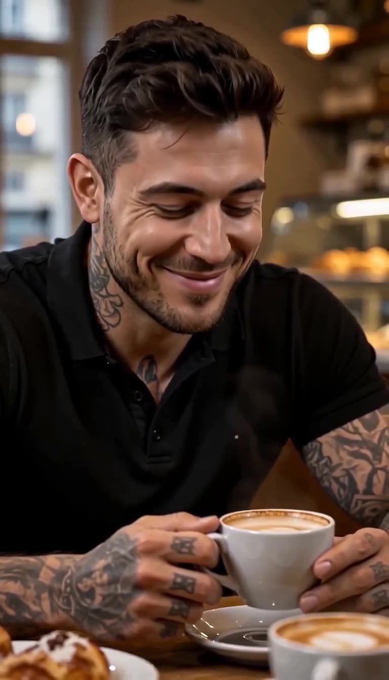 A smiling young man with tattoos holding a warm cup of coffee inside a café