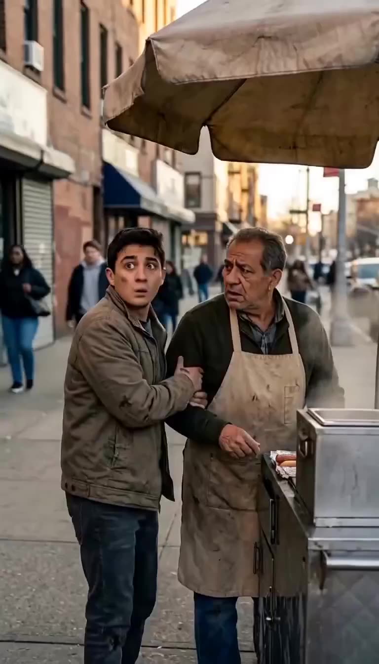A frantic young man grips the arm of a worried hot dog vendor on a busy city sidewalk