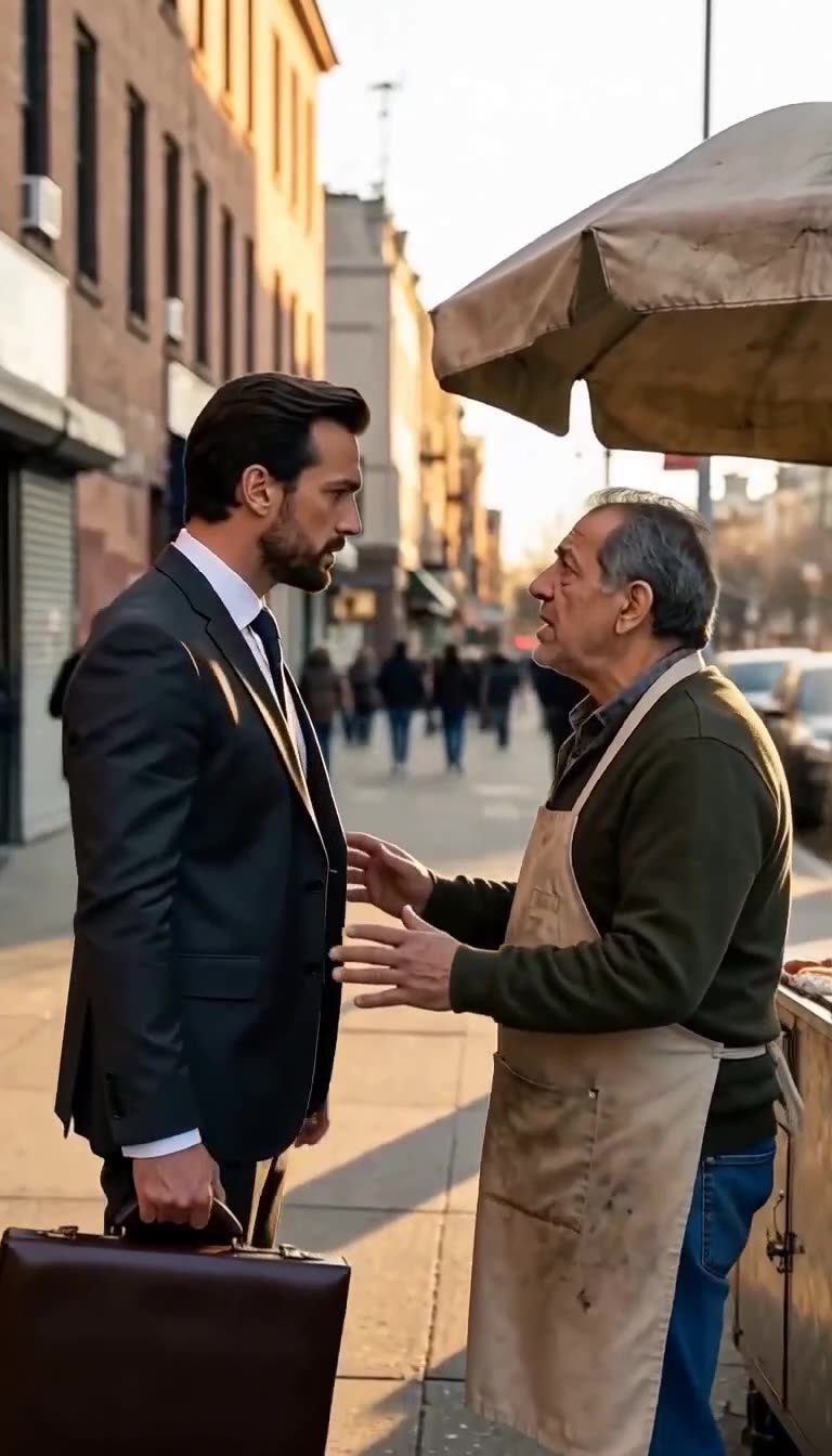 A sharply dressed businessman stands face-to-face with the defensive elderly vendor