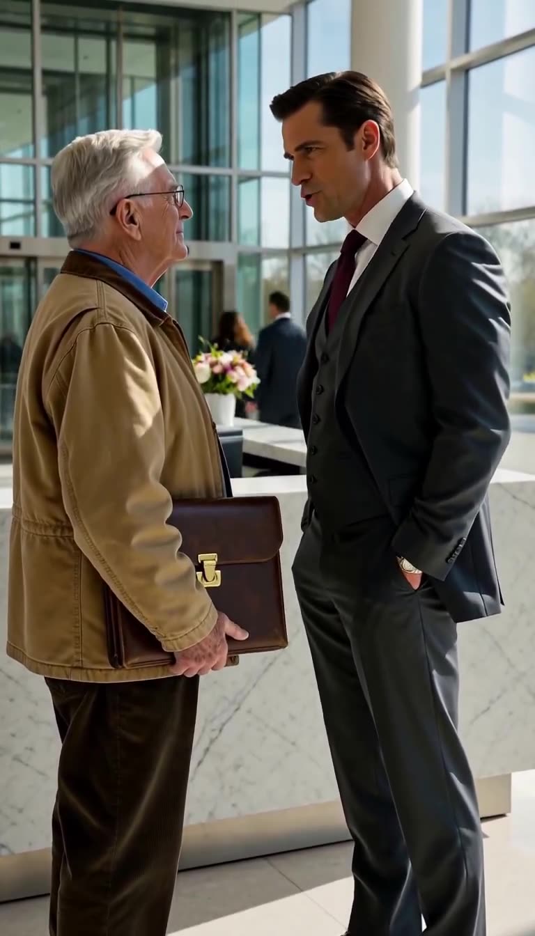 Trenton leaning forward to insult Harold Vance near the reception desk.