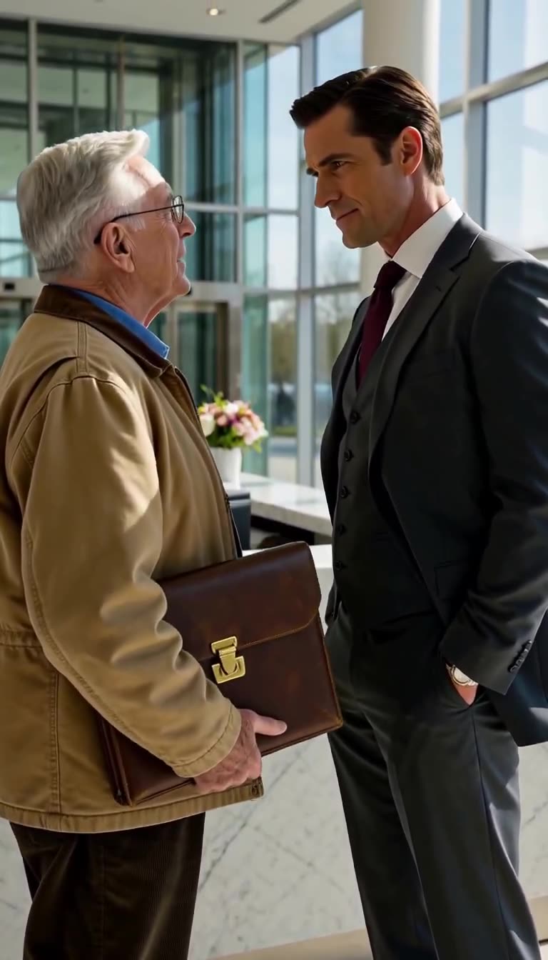Harold Vance maintaining calm eye contact during the lobby confrontation.