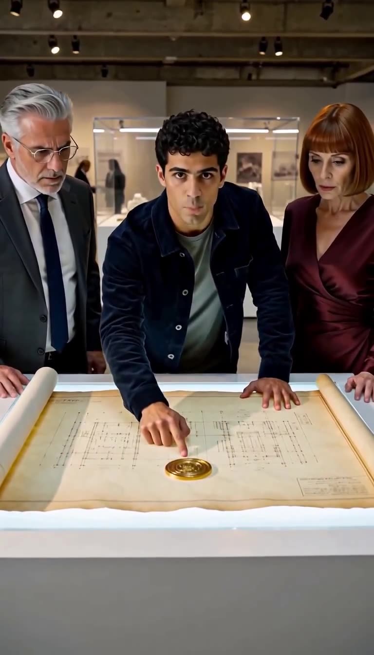 Mateo Cruz points accusingly at an embossed gold seal on the blueprint while confronting Victor Vance.