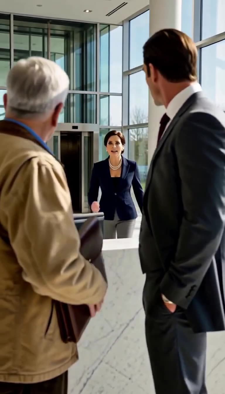 Elena Mercer emerging from the lobby elevator with a stunned expression as she spots Harold Vance
