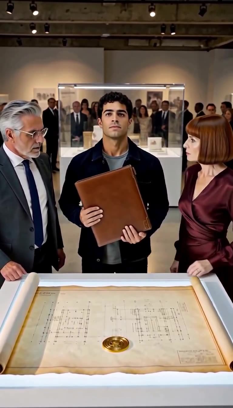 Mateo Cruz stands tall holding the partnership folio while the defeated architect looks away