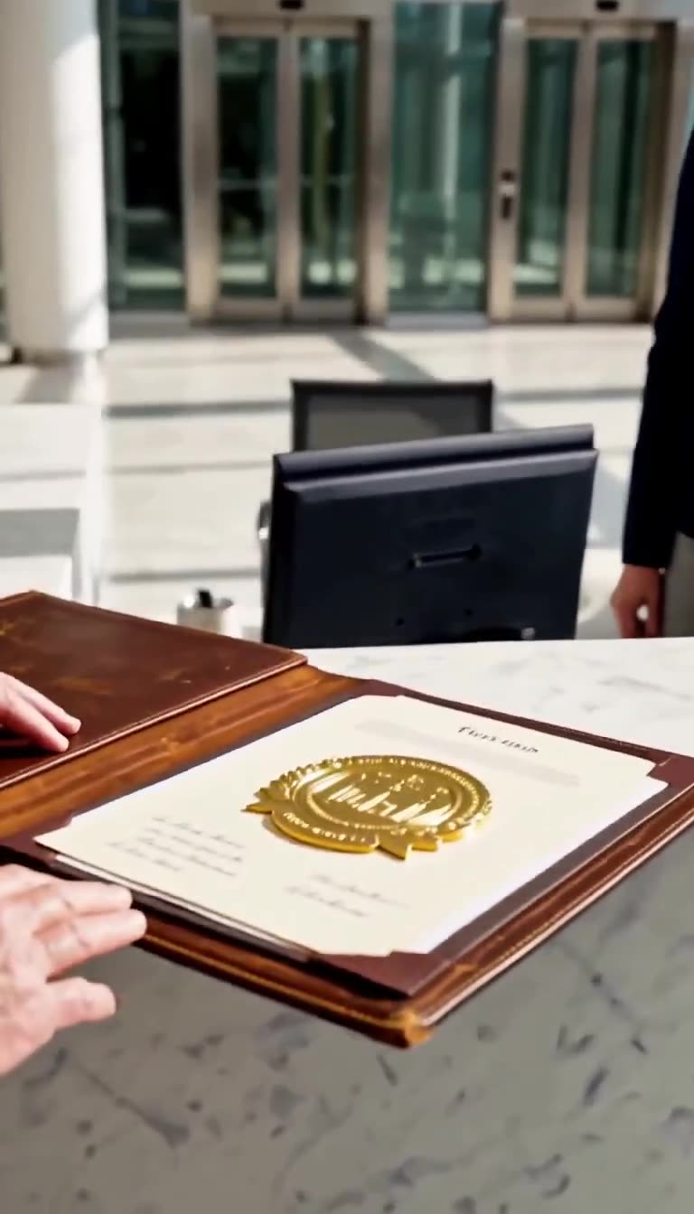 Close-up of Harold Vance's opened leather binder showing an authentic golden municipal seal and property deeds