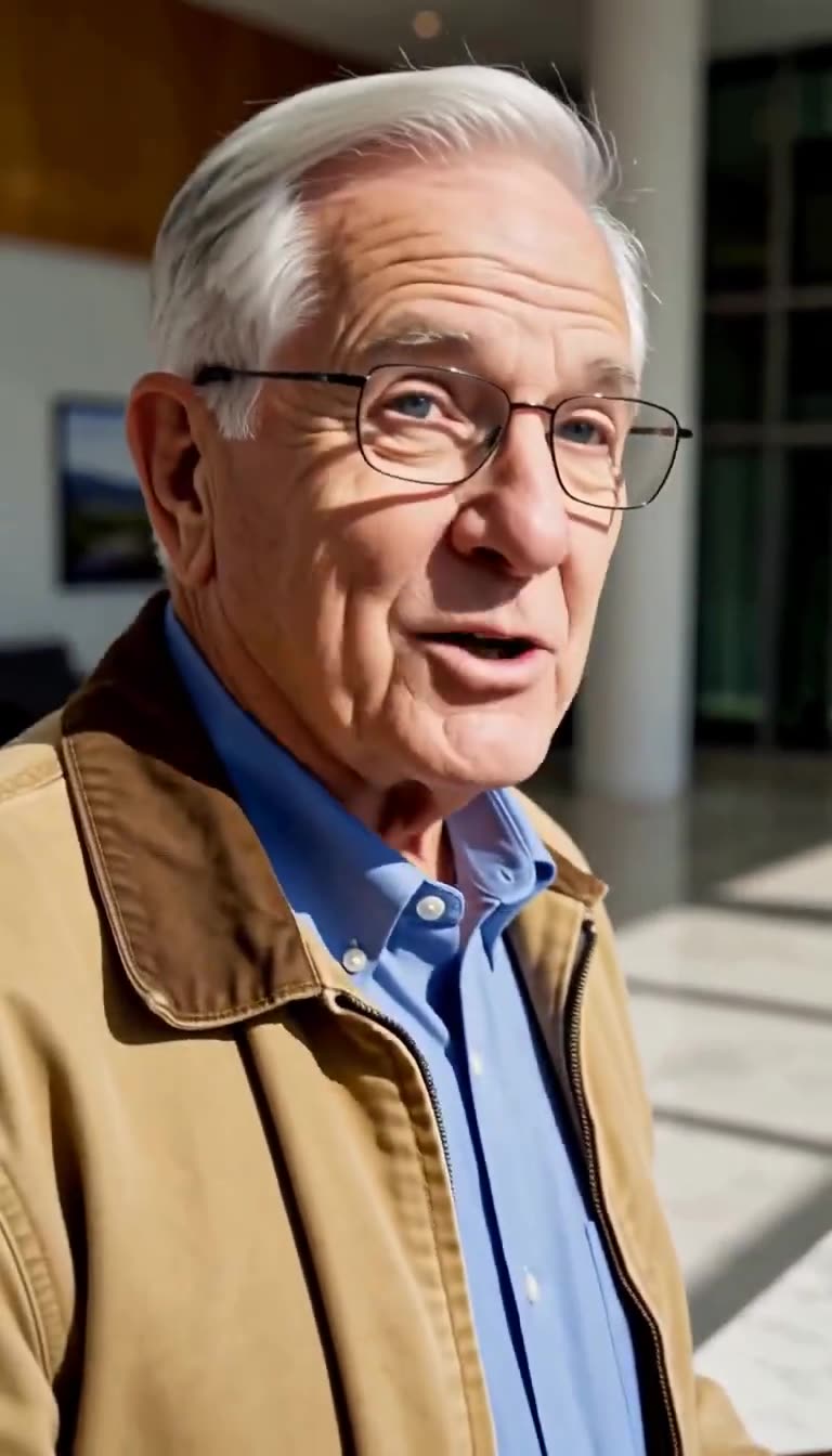Harold Vance smiling serenely in his wire-rimmed glasses and tan jacket after revealing his true identity