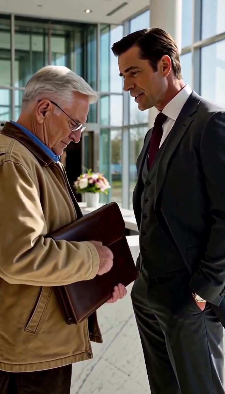 The architect leans in condescendingly while the older man clutches his briefcase with quiet restraint.