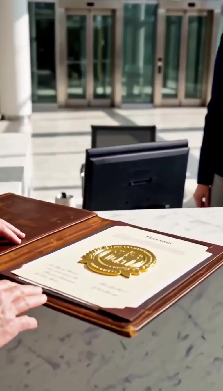 An antique leather portfolio laid open on a marble desk, displaying a prestigious gold seal charter.