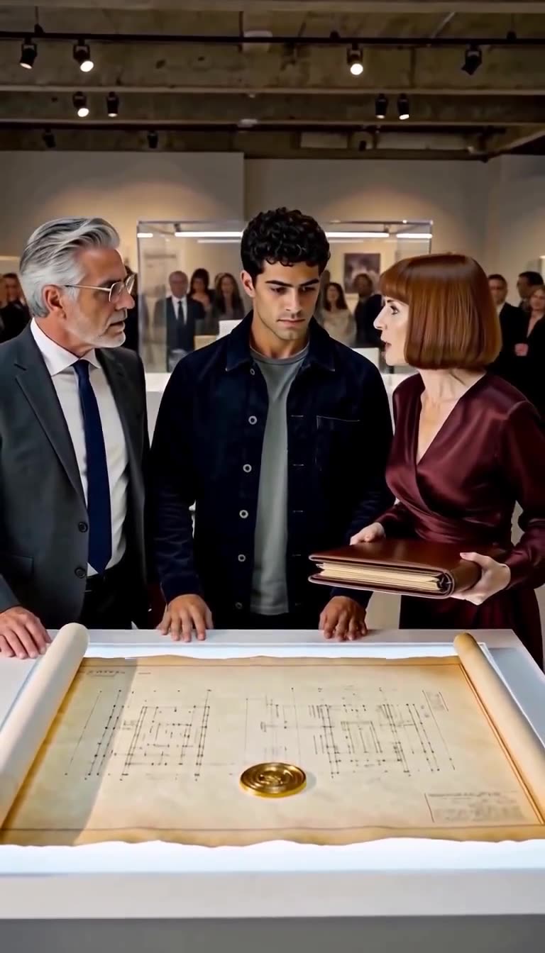 A female executive holding an archival ledger confronts a stunned senior architect while the young draftsman watches.
