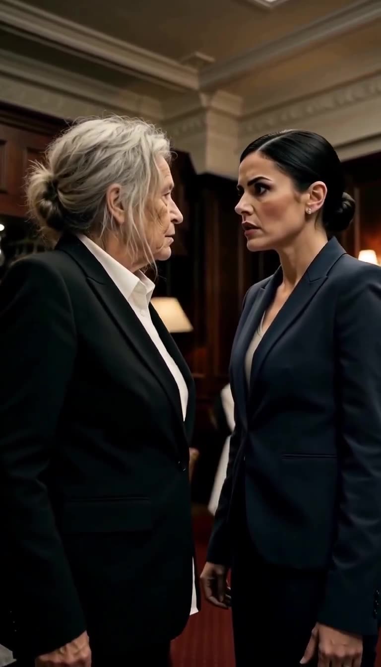 An elderly woman in a sharp black suit stands nose to nose with the stunned restaurant manager