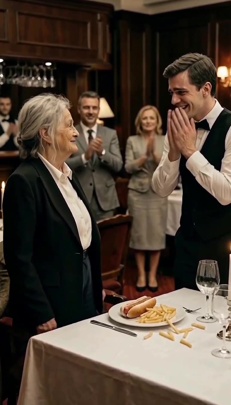A smiling elderly woman in a business suit is applauded by patrons while an emotional waiter thanks her