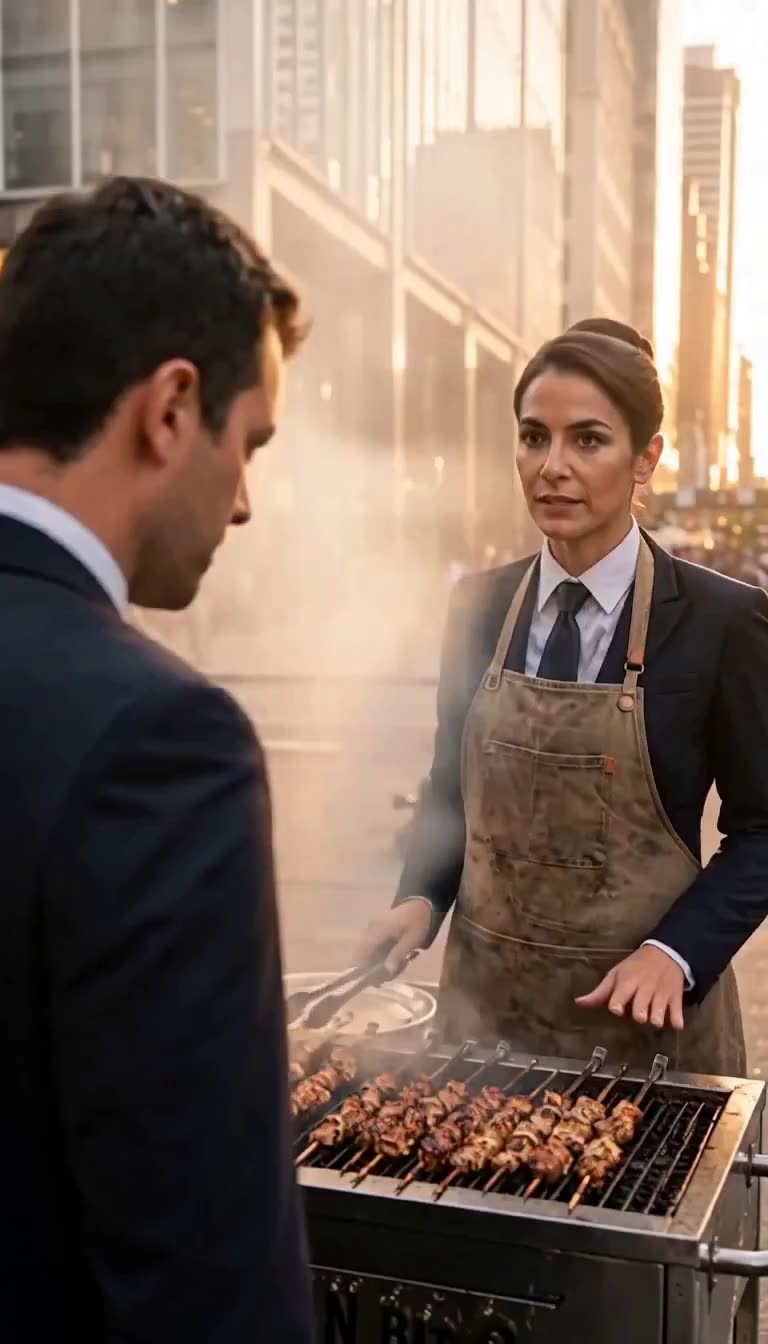 Woman wearing a tie and apron calmly facing the confronting executive over a smoking grill