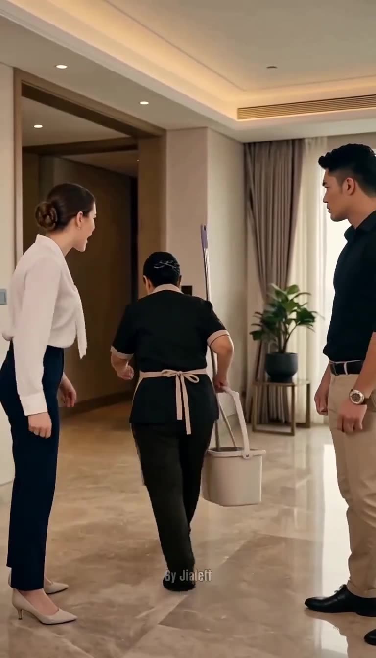 The maid walking down the hallway carrying her bucket between two confronting figures