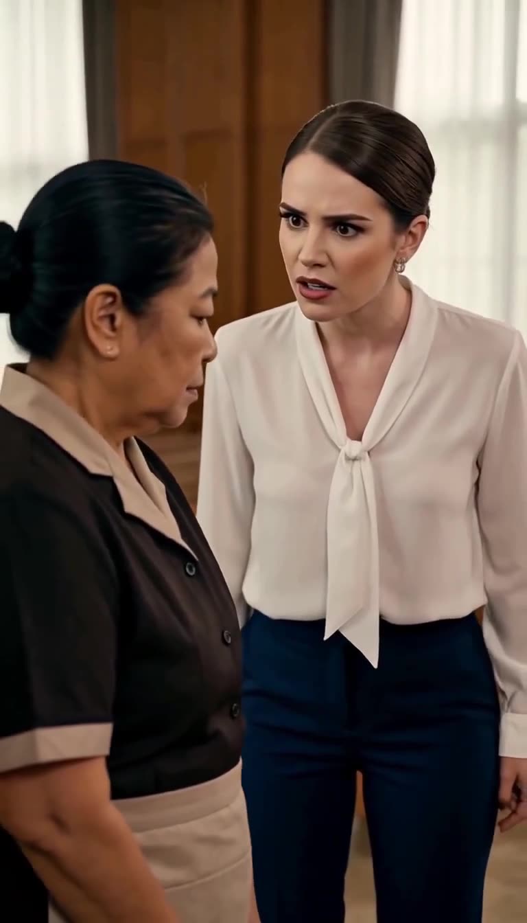The glamorous mistress aggressively berating the subdued housekeeper in close quarters