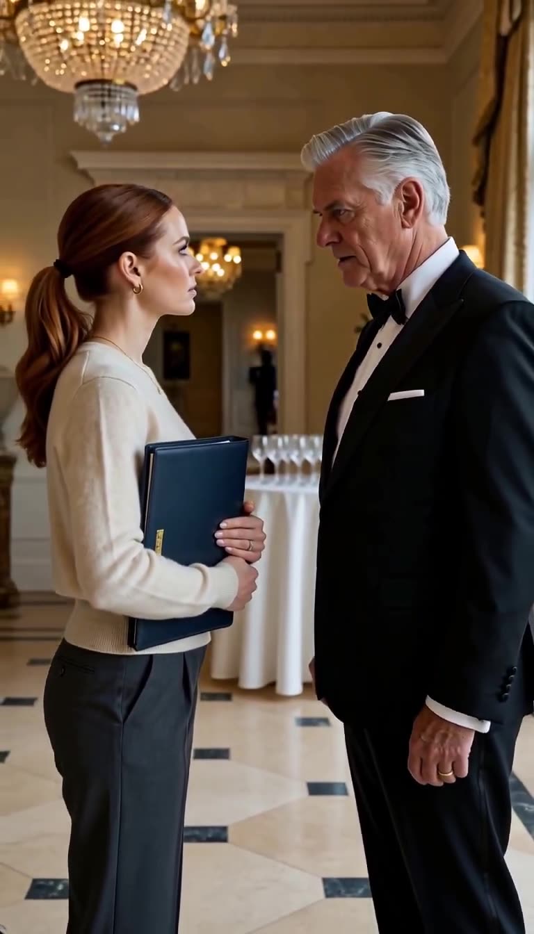 Donald Vance in a black tuxedo looks down disapprovingly at Hannah Cole in the ballroom foyer