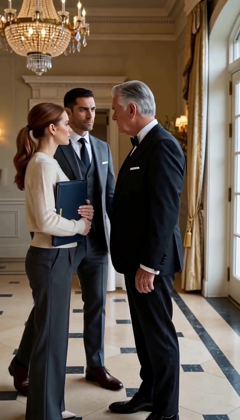 Raymond Cross steps between Hannah Cole and Donald Vance in the grand marble entrance
