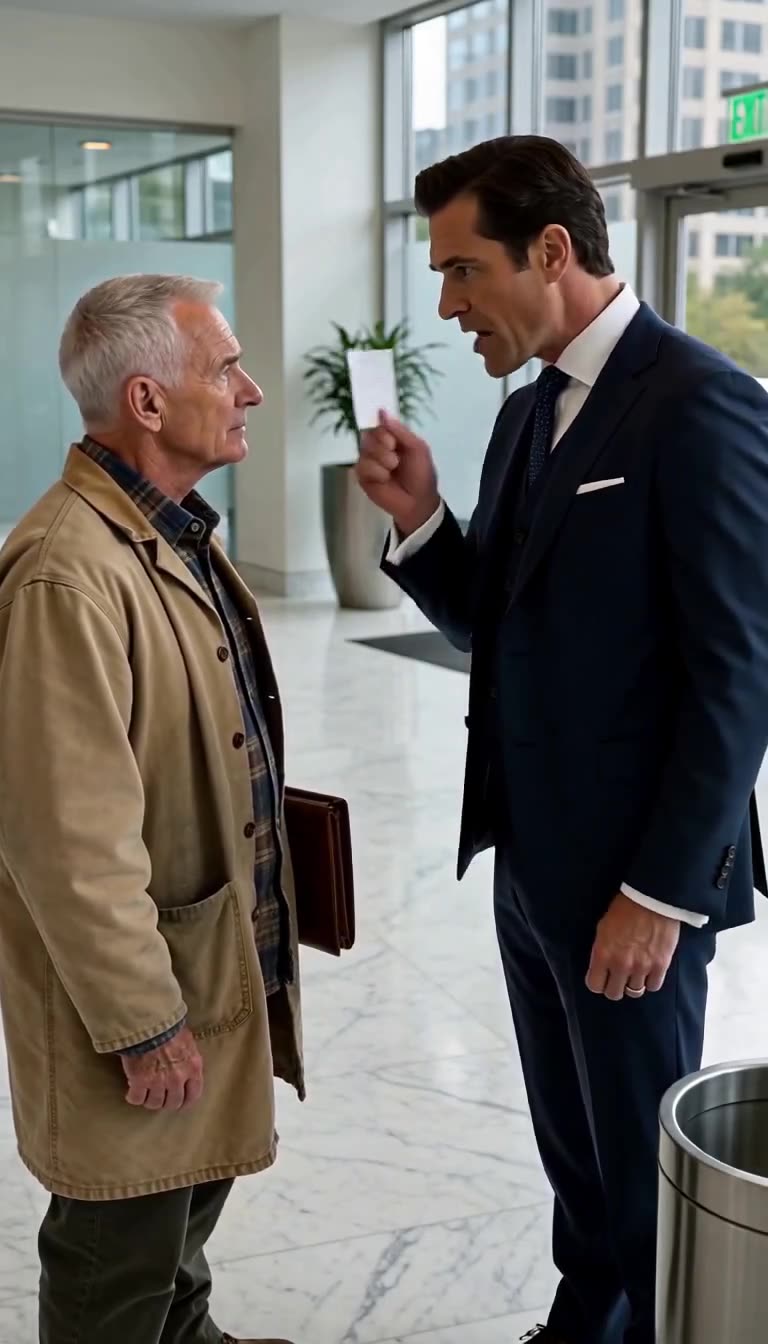 Trevor points sharply at the lobby exit while berating the calm, weathered Arthur.