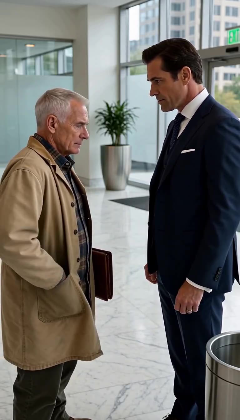 Arthur Vance reaches calmly into his coat pocket as Trevor glares downward.