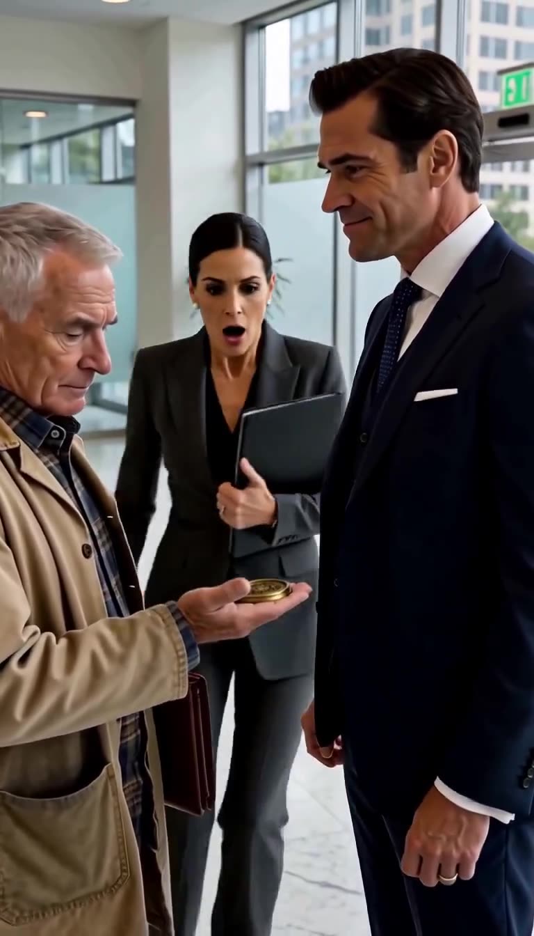 A female executive drops her jaw in pure shock upon noticing the brass medallion in the elderly man's hand.