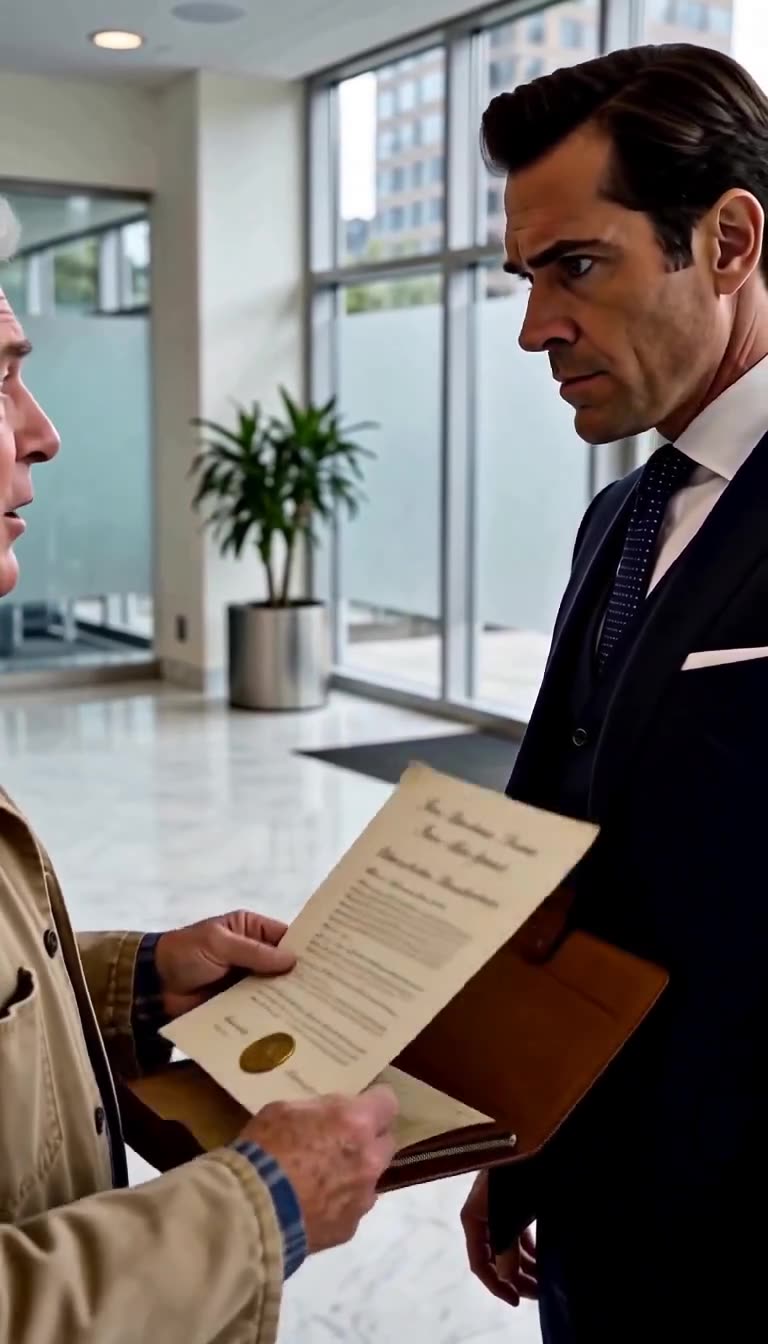 Arthur presents the embossed corporate charter with a gold seal directly in front of a stunned Trevor.