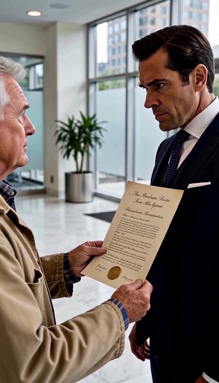 Trevor Sterling stares in complete shock at the founding document while Arthur Vance calmly holds authority.