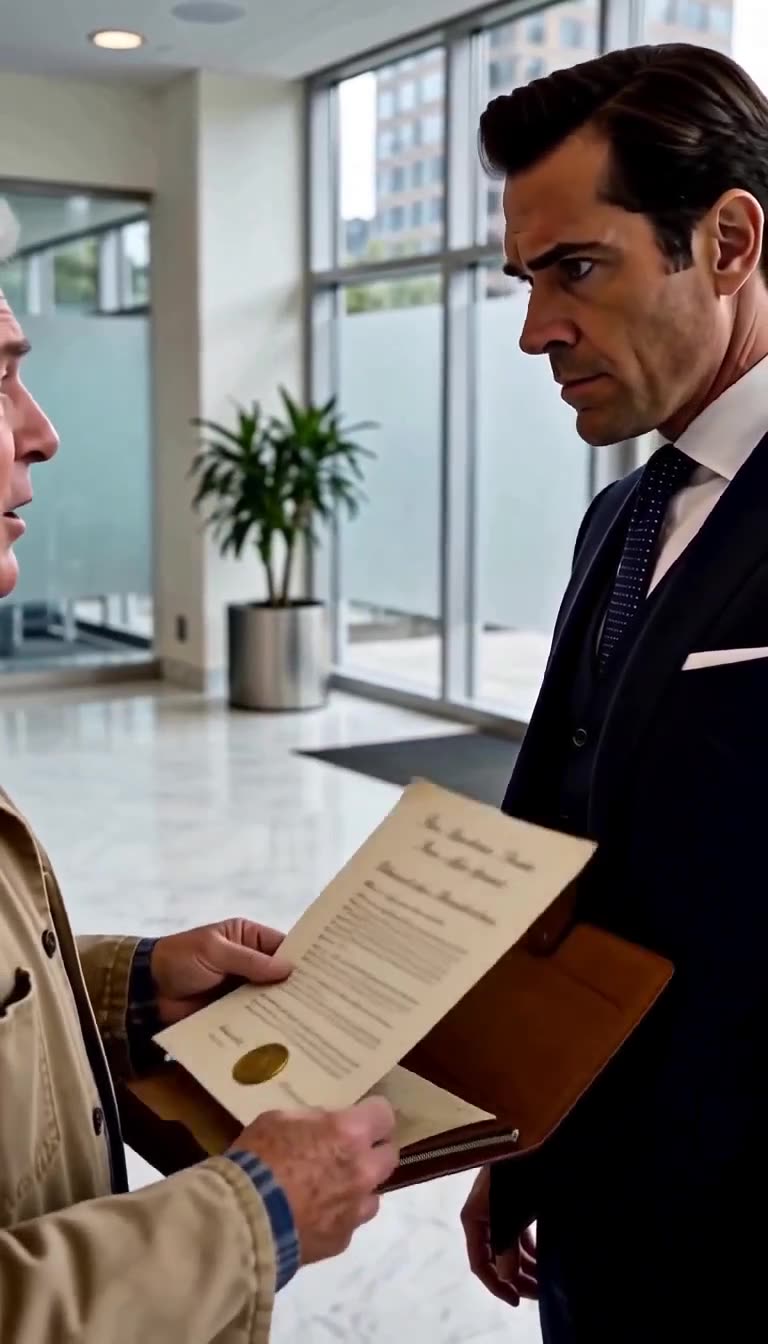 Elderly founder presents an official gold-sealed charter to a stunned corporate executive