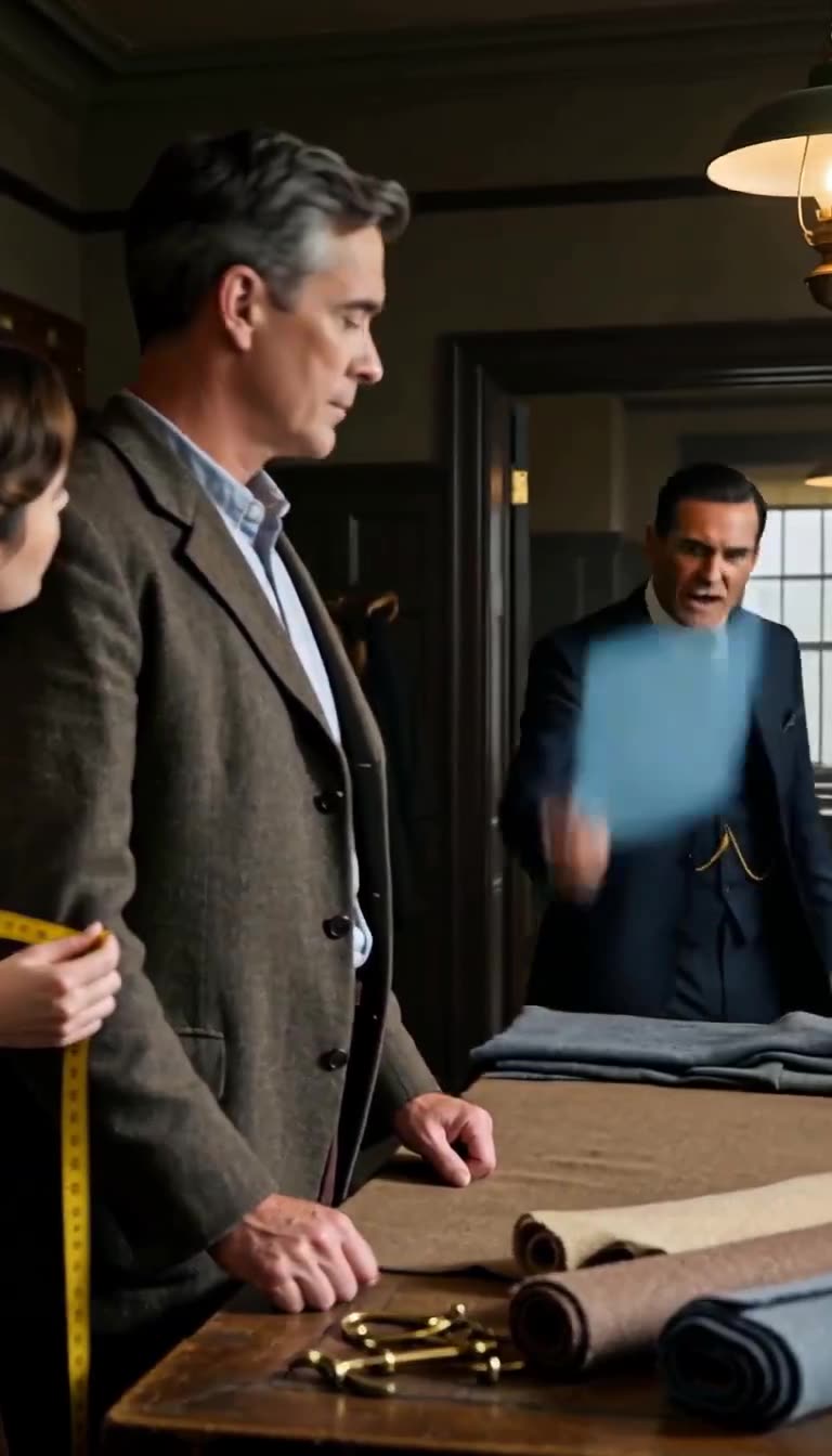 Richard Vance barges into the tailor shop slamming down a blue contract folder