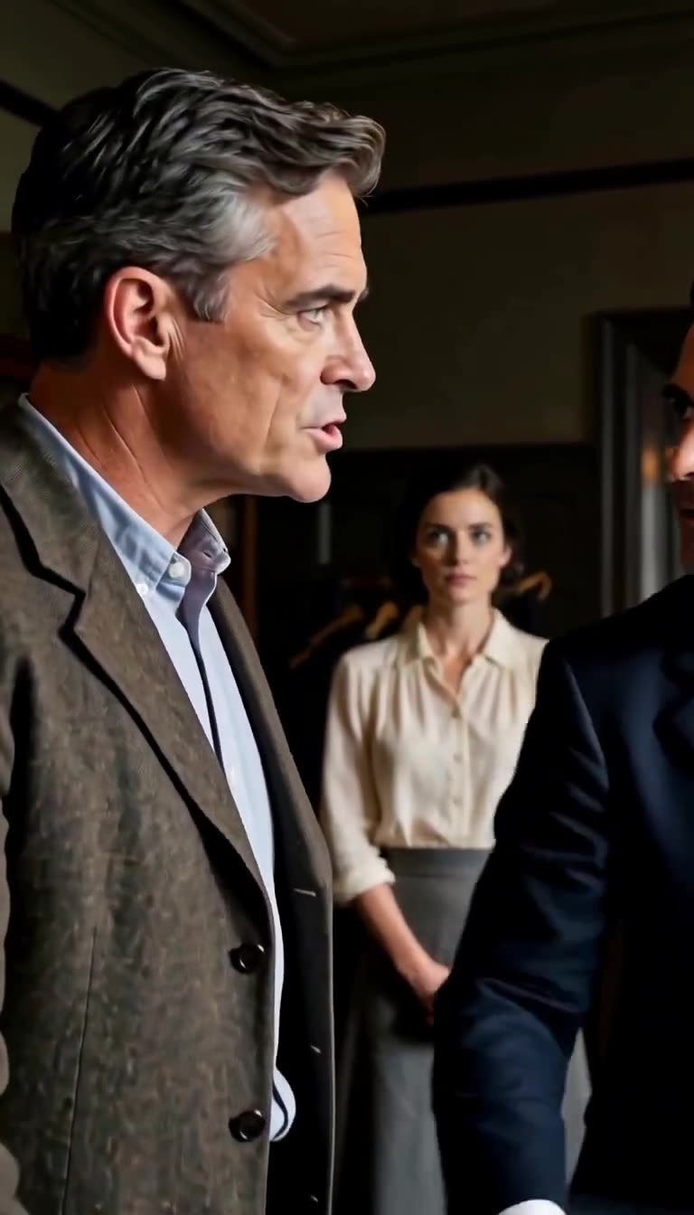 David Mercer confronts Richard Vance with an intense, commanding stare in the atelier
