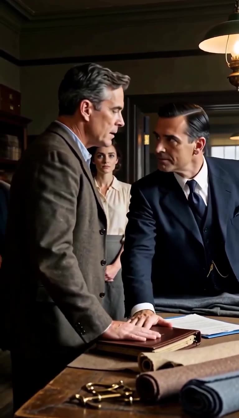 The aggressive businessman leans over the cutting table, intimidating the calm tailor and his watching assistant.