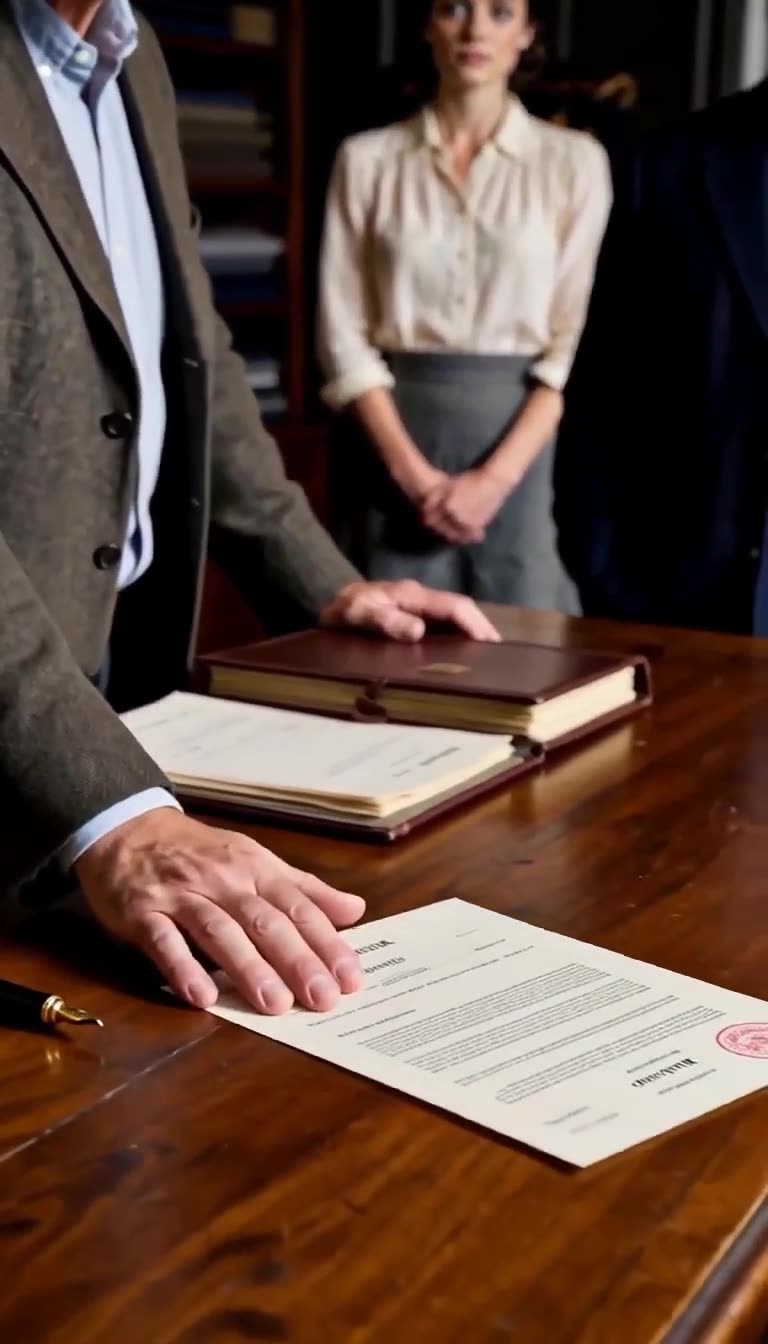 The tailor calmly places a sealed legal document and vintage ledger onto the table, exposing the financial truth.