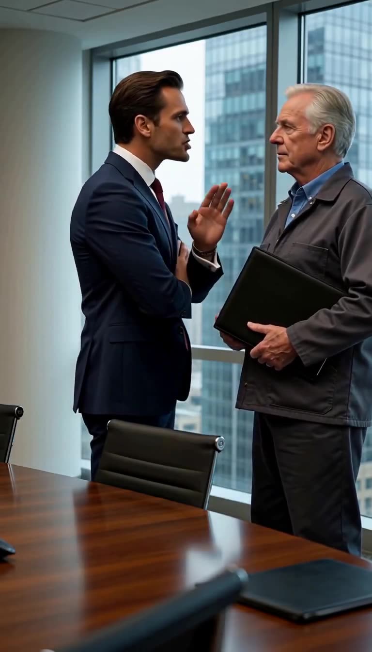 Derek Cole stepping closer and aggressively waving off Arthur Sterling as the older man grips his leather binder.