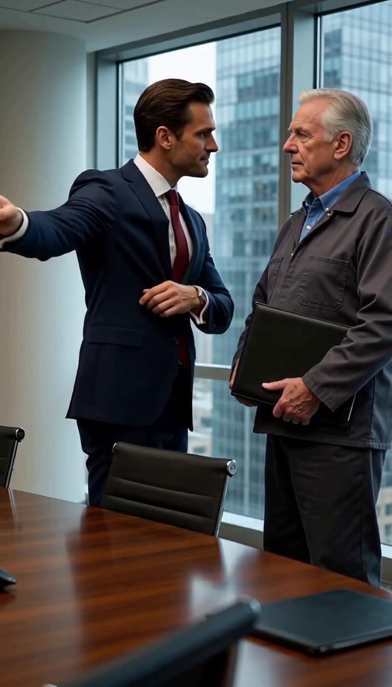 Derek Cole pointing toward the boardroom exit while Arthur Sterling stands completely calm and composed.
