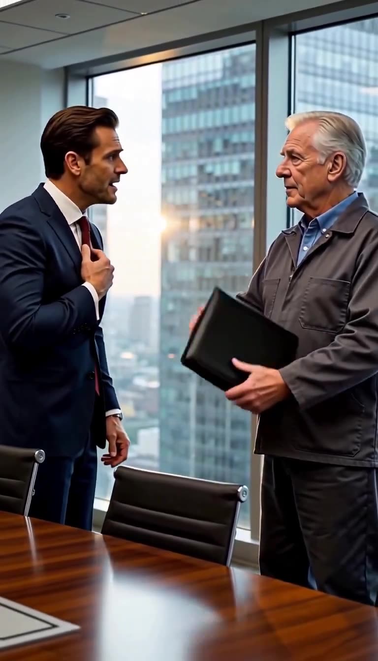 A flustered Derek clutches his tie in disbelief as Arthur closes the leather binder