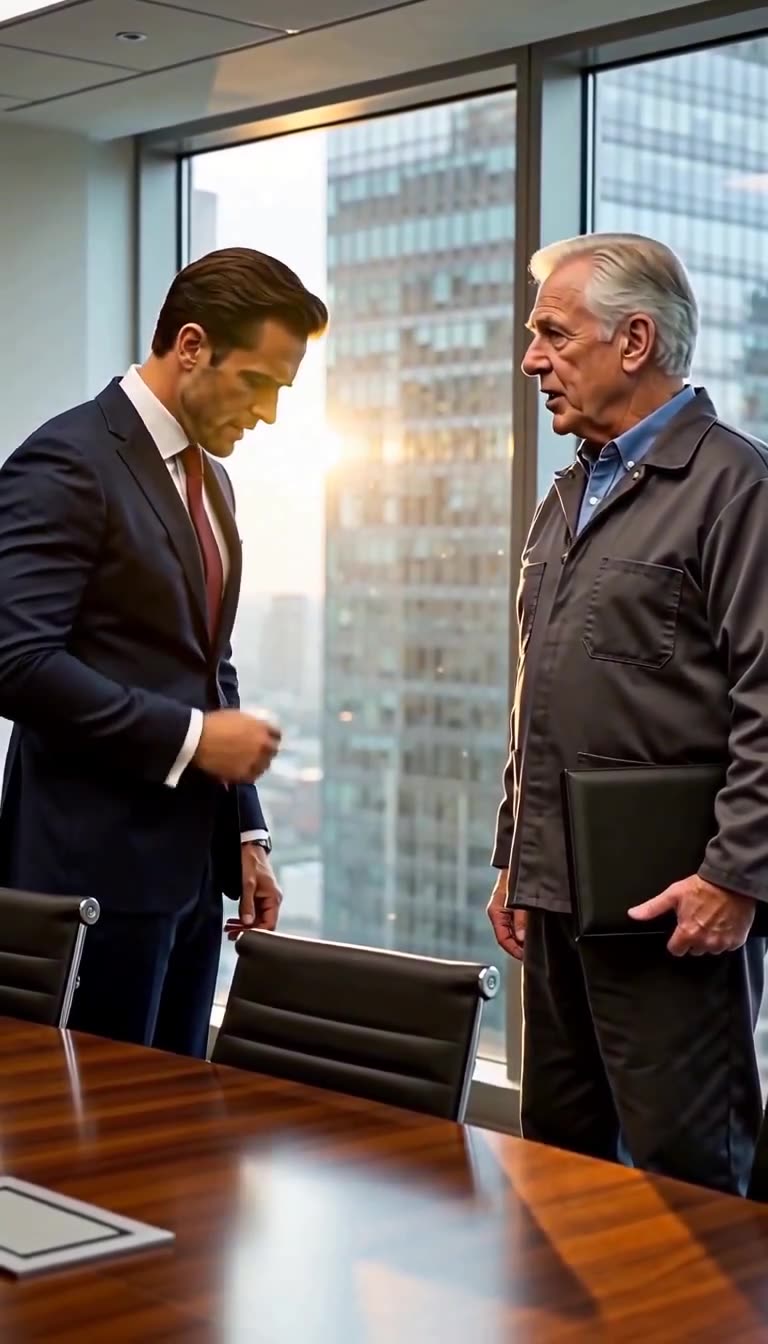 Derek bows his head in defeat while Arthur stands tall revoking his executive contract