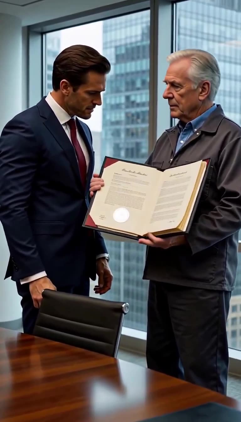 The worker opens an official charter binder bearing a seal to the shocked corporate executive.