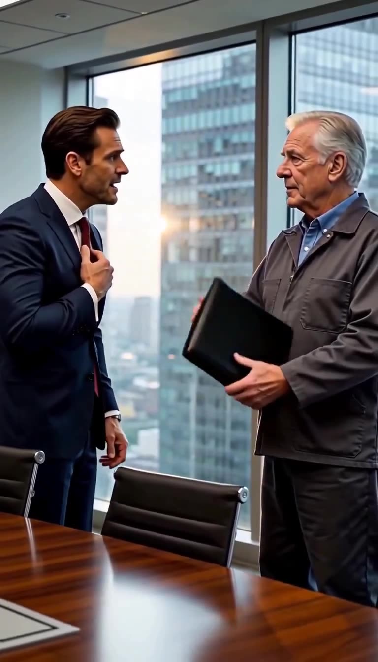 The executive clutches his collar in panic as the true company founder calmly looks on.