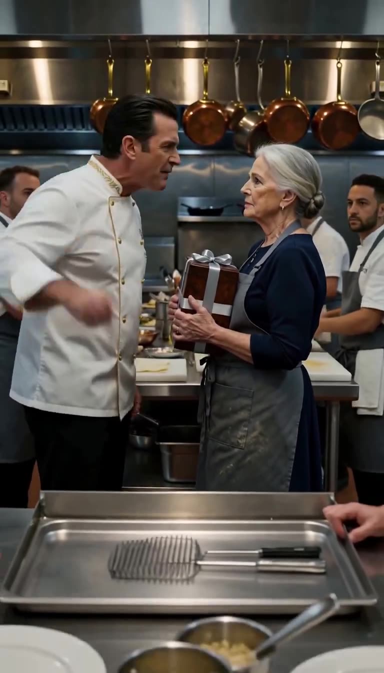 Julian Vance confronts Clara Higgins across the central prep counter as cooks watch
