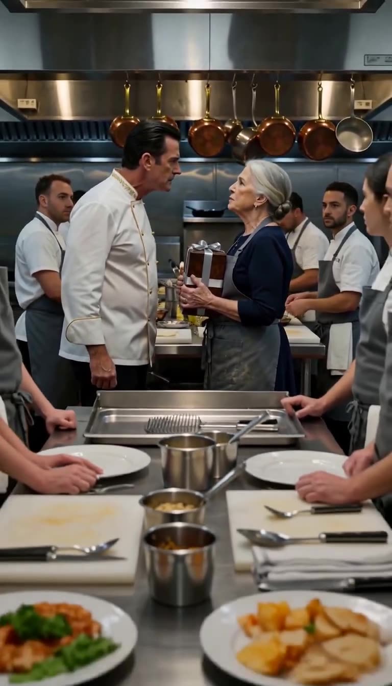 Kitchen staff look on as Julian Vance squares off against Clara Higgins holding the ribboned box