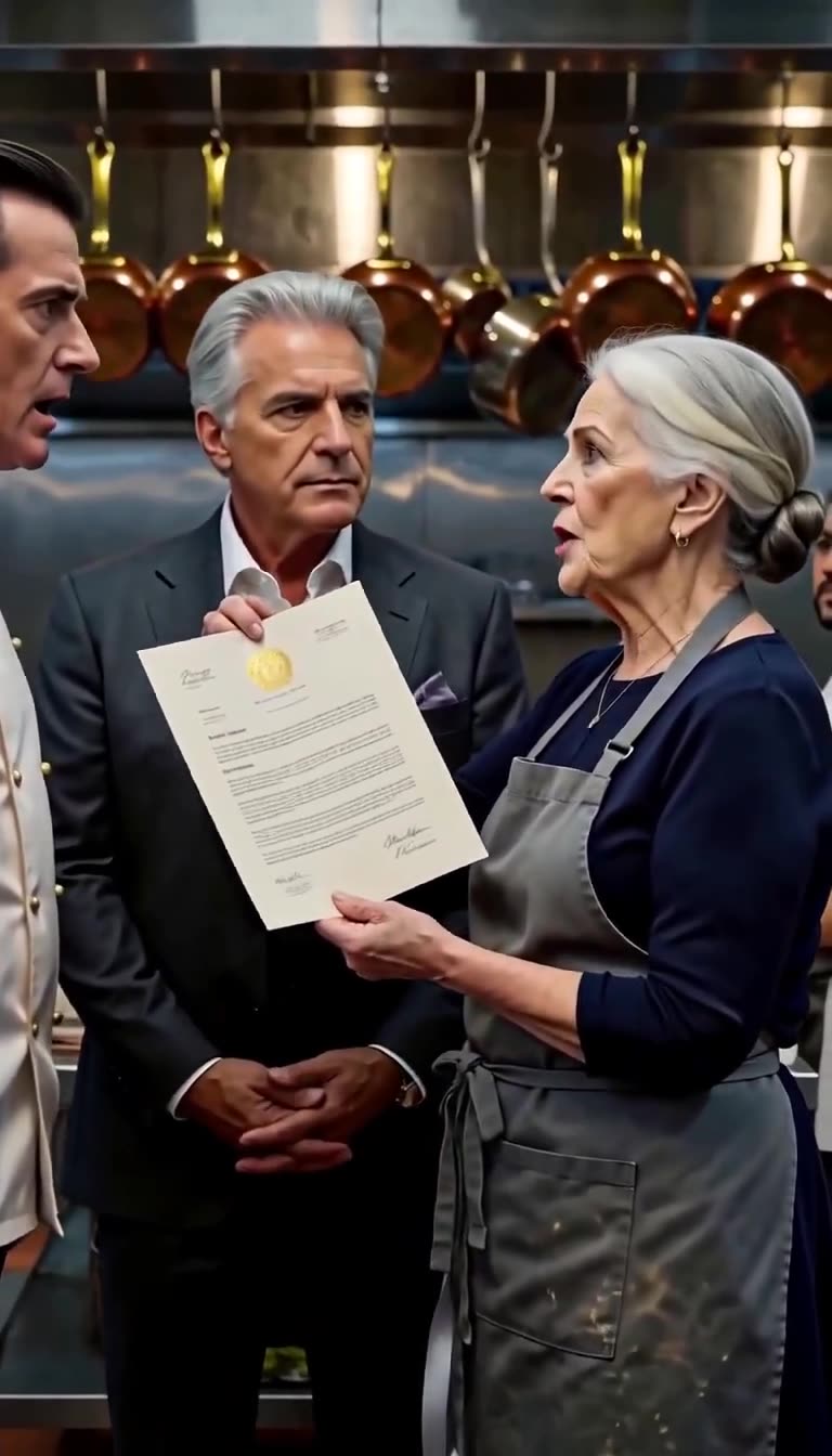 Clara Higgins unfolds a gold-sealed ownership document in front of a stunned Chef Julian Vance