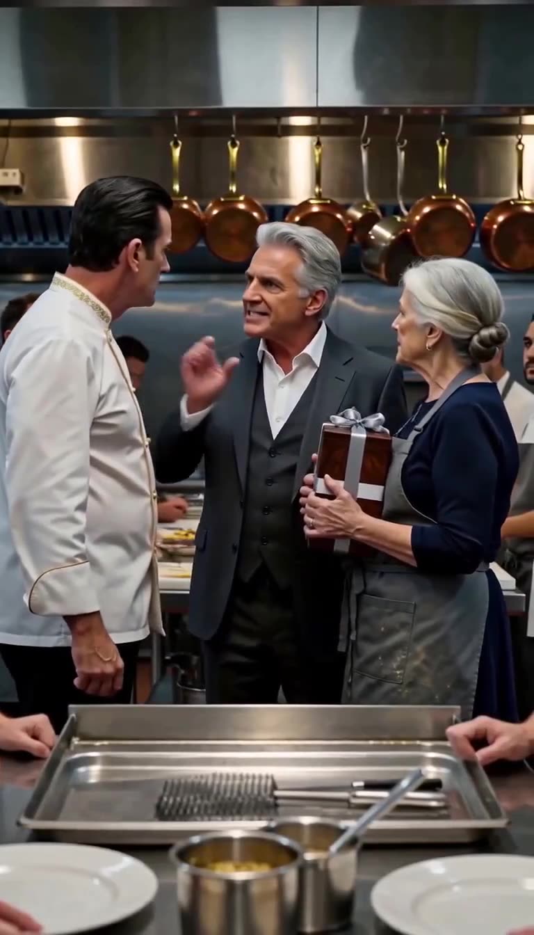 A restaurant owner in a three-piece suit steps in to confront the head chef and defend the prep cook